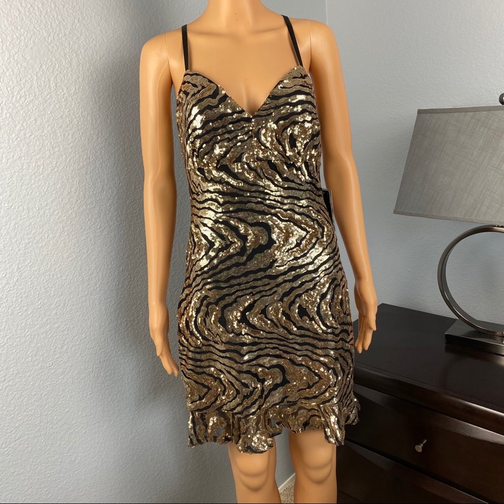 BEBE Sequin Flounce Hem Mini V-Neck Dress, M